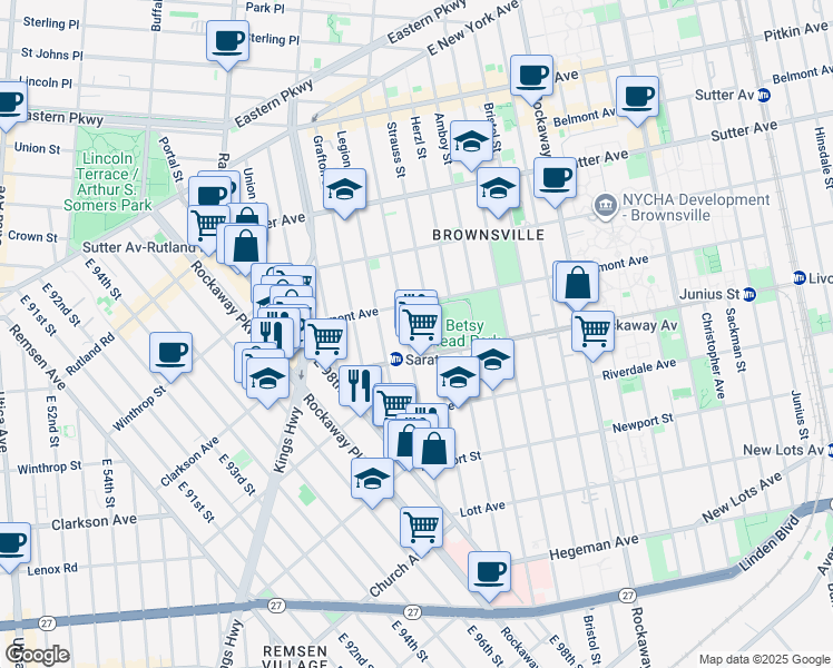 map of restaurants, bars, coffee shops, grocery stores, and more near 767 Saratoga Avenue in Brooklyn