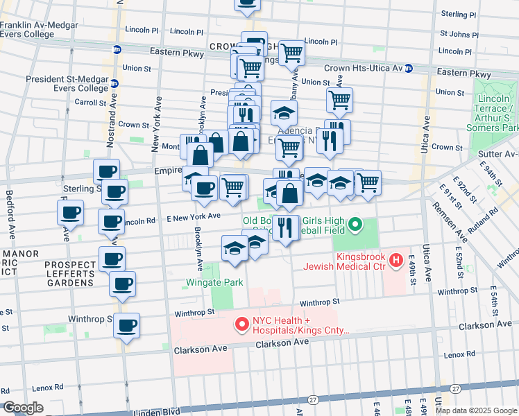 map of restaurants, bars, coffee shops, grocery stores, and more near 651 East New York Avenue in Brooklyn