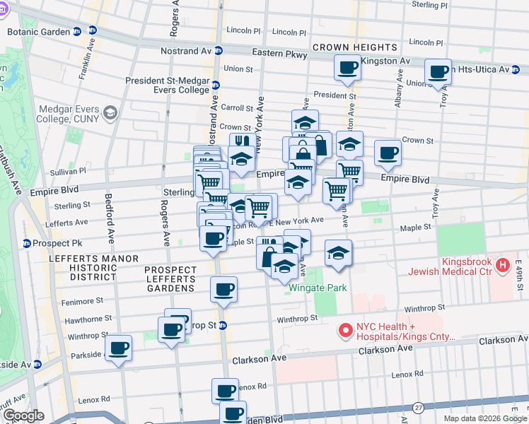 map of restaurants, bars, coffee shops, grocery stores, and more near 473 East New York Avenue in Brooklyn