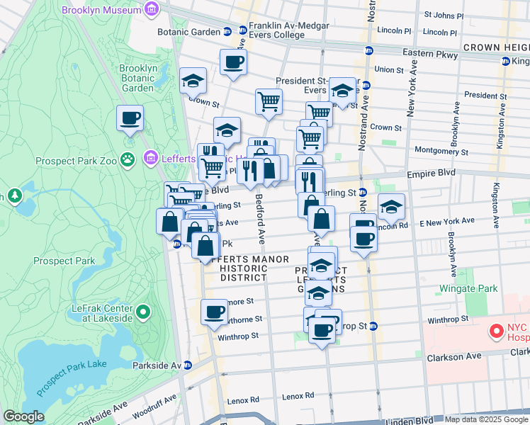 map of restaurants, bars, coffee shops, grocery stores, and more near 119 Lefferts Avenue in Brooklyn