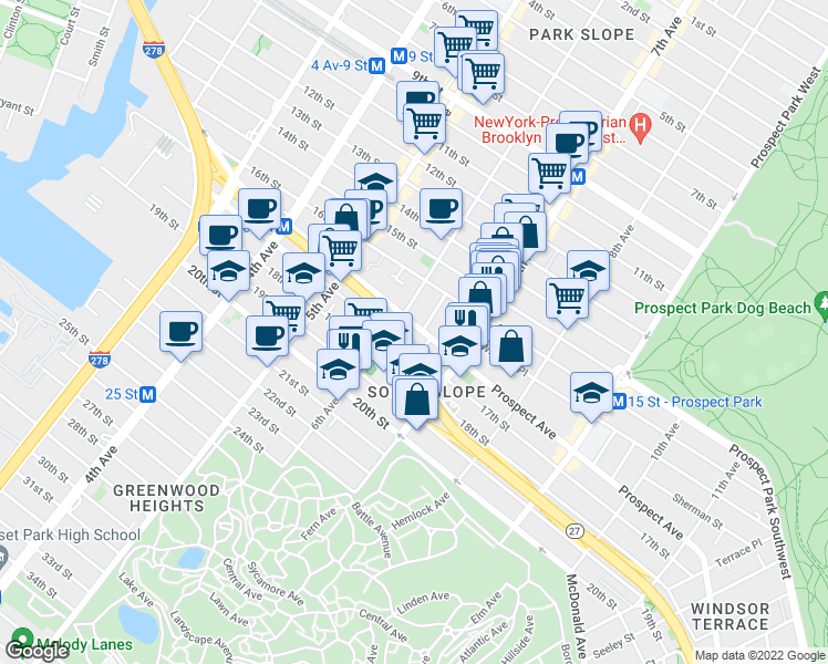 map of restaurants, bars, coffee shops, grocery stores, and more near 332 Prospect Avenue in Brooklyn