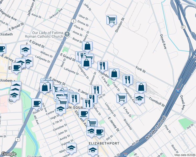 map of restaurants, bars, coffee shops, grocery stores, and more near 145 Division Street in Elizabeth