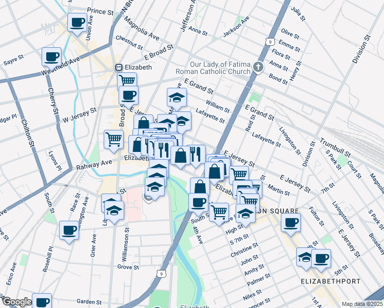 map of restaurants, bars, coffee shops, grocery stores, and more near 18 Catherine Street in Elizabeth