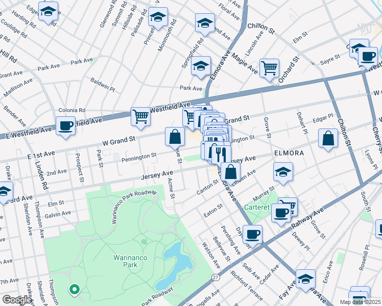 map of restaurants, bars, coffee shops, grocery stores, and more near 169 Bellevue Street in Elizabeth