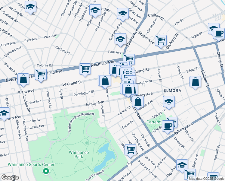 map of restaurants, bars, coffee shops, grocery stores, and more near 171 Bellevue Street in Elizabeth