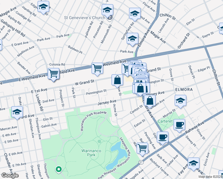 map of restaurants, bars, coffee shops, grocery stores, and more near 828 Pennington Street in Elizabeth
