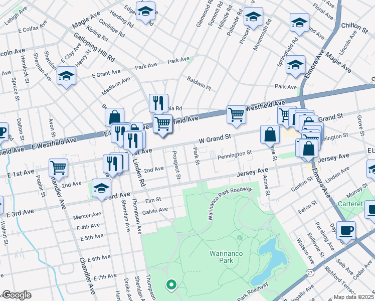 map of restaurants, bars, coffee shops, grocery stores, and more near 119 Hawthorne Street in Roselle