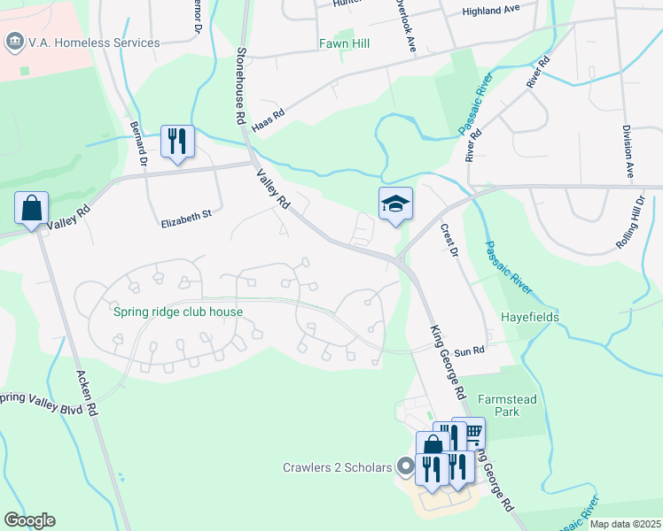 map of restaurants, bars, coffee shops, grocery stores, and more near 3075 Valley Road in Bernards