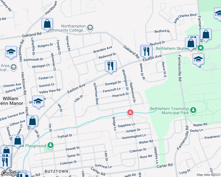map of restaurants, bars, coffee shops, grocery stores, and more near 4001 Ferncroft Lane in Bethlehem