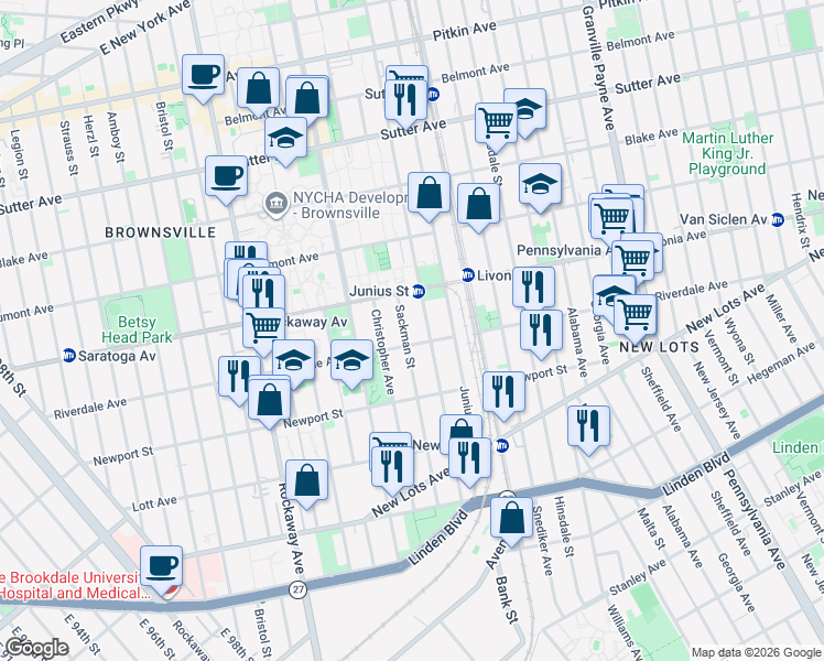 map of restaurants, bars, coffee shops, grocery stores, and more near 383 Riverdale Avenue in Brooklyn