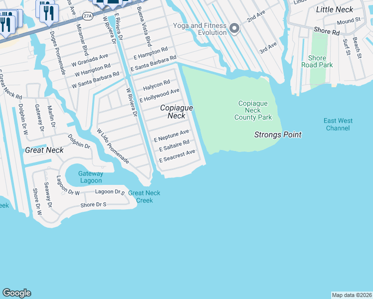 map of restaurants, bars, coffee shops, grocery stores, and more near 33 East Seacrest Avenue in Lindenhurst
