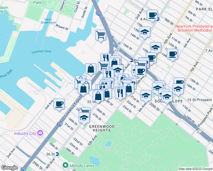 map of restaurants, bars, coffee shops, grocery stores, and more near 714 4th Avenue in Brooklyn