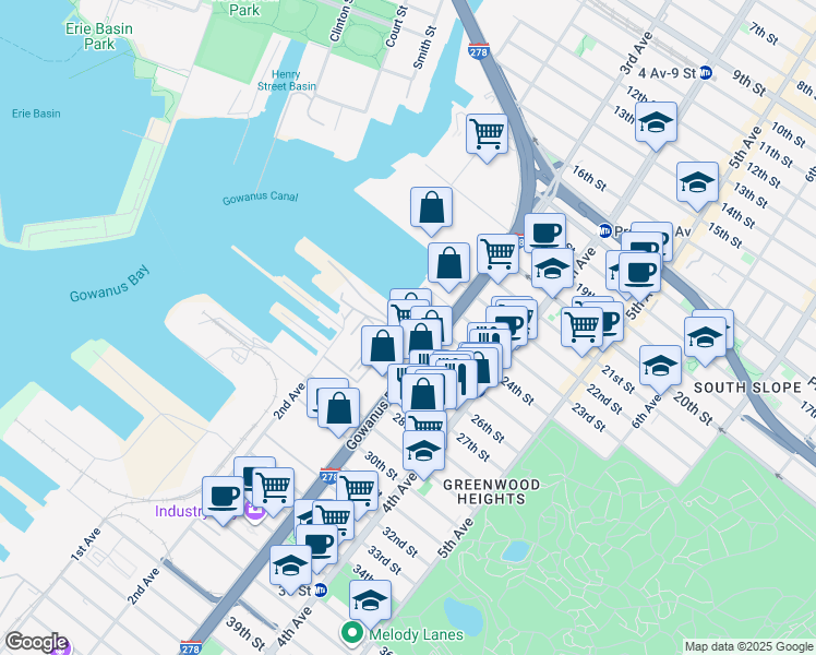 map of restaurants, bars, coffee shops, grocery stores, and more near 128 25th Street in Brooklyn
