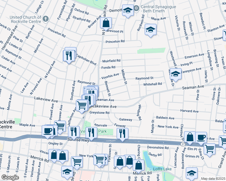 map of restaurants, bars, coffee shops, grocery stores, and more near 7 Combes Avenue in Rockville Centre