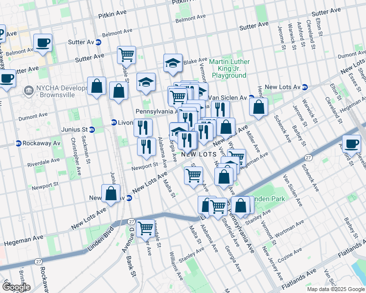 map of restaurants, bars, coffee shops, grocery stores, and more near 590 Sheffield Avenue in Brooklyn