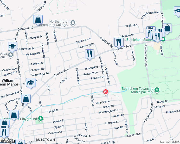 map of restaurants, bars, coffee shops, grocery stores, and more near 4001 Ferncroft Lane in Bethlehem
