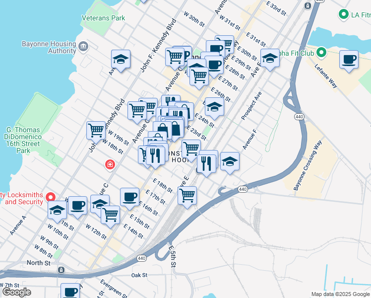 map of restaurants, bars, coffee shops, grocery stores, and more near 34 East 22nd Street in Bayonne