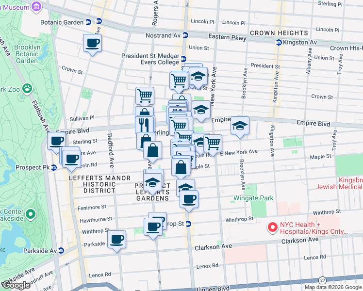 map of restaurants, bars, coffee shops, grocery stores, and more near Nostrand Ave & Lefferts Ave in Brooklyn