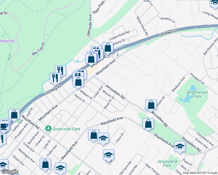 map of restaurants, bars, coffee shops, grocery stores, and more near 432 Jerusalem Road in Scotch Plains