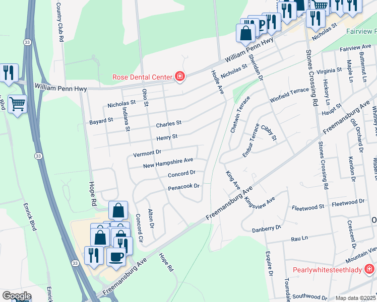 map of restaurants, bars, coffee shops, grocery stores, and more near 5211 Vermont Drive in Easton