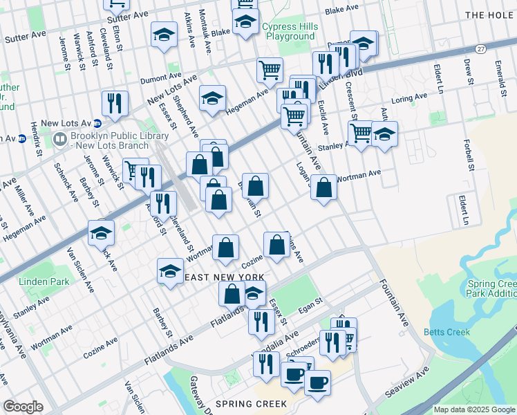 map of restaurants, bars, coffee shops, grocery stores, and more near 553 Wortman Avenue in Brooklyn