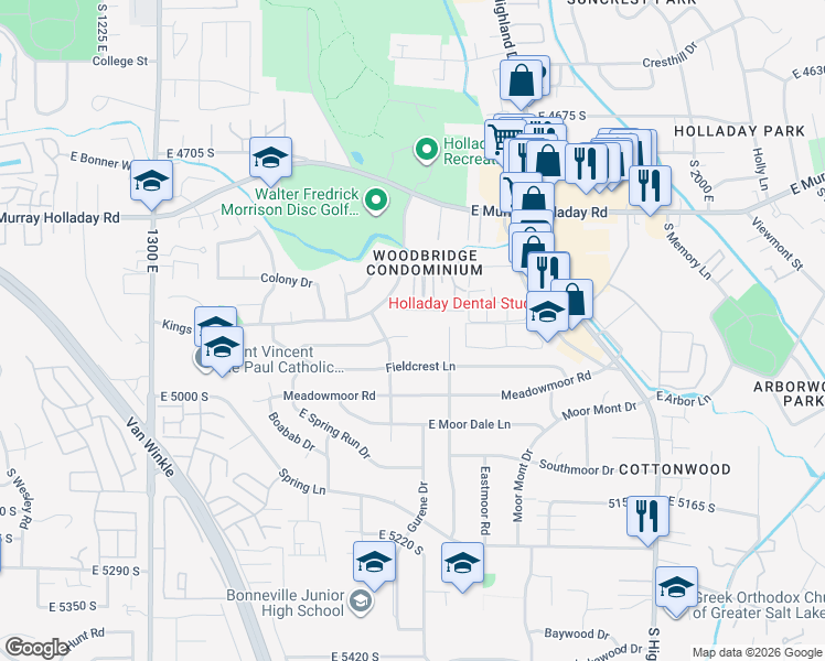 map of restaurants, bars, coffee shops, grocery stores, and more near 1681 East 4945 South in Holladay
