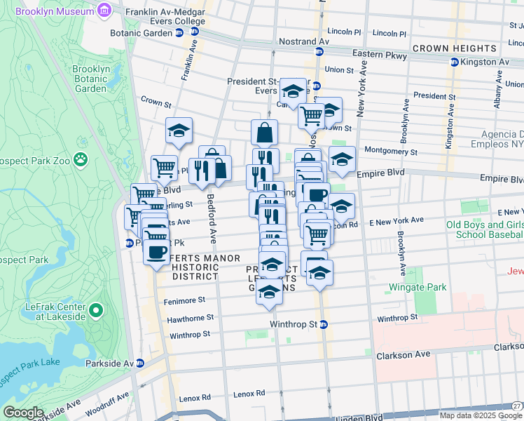 map of restaurants, bars, coffee shops, grocery stores, and more near 426 Rogers Avenue in Brooklyn