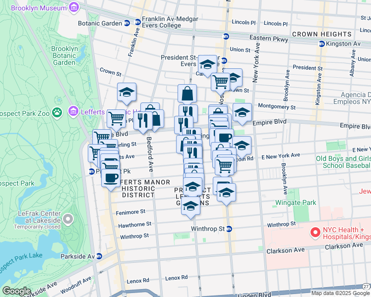 map of restaurants, bars, coffee shops, grocery stores, and more near 206 Lefferts Avenue in Brooklyn