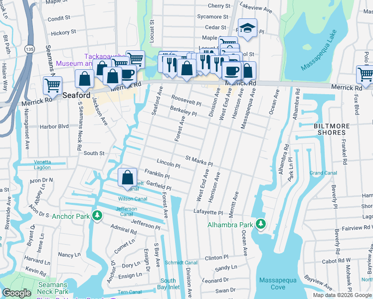 map of restaurants, bars, coffee shops, grocery stores, and more near 107 Saint Marks Place in Massapequa