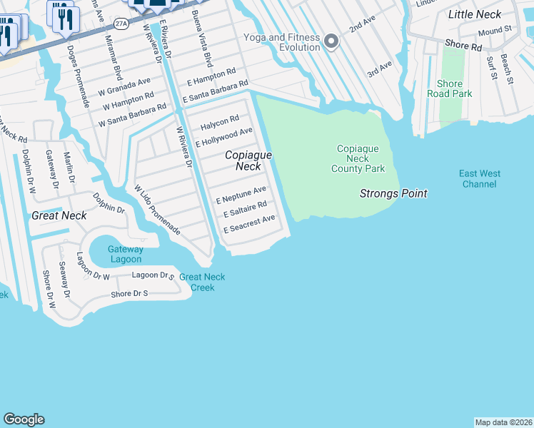 map of restaurants, bars, coffee shops, grocery stores, and more near 33 East Seacrest Avenue in Lindenhurst