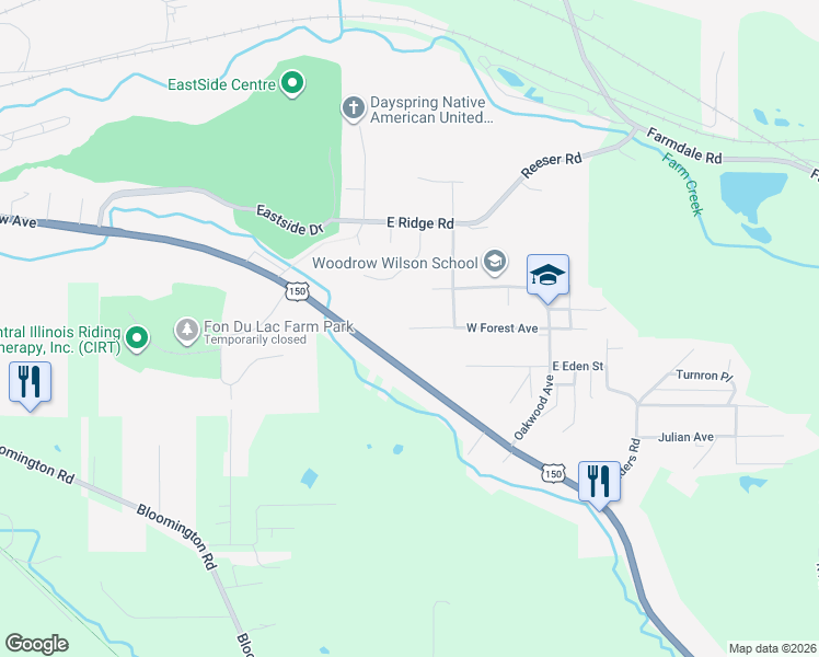 map of restaurants, bars, coffee shops, grocery stores, and more near 219 West Forest Avenue in East Peoria