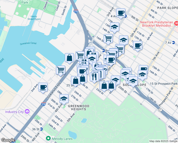 map of restaurants, bars, coffee shops, grocery stores, and more near 200 21st Street in Brooklyn