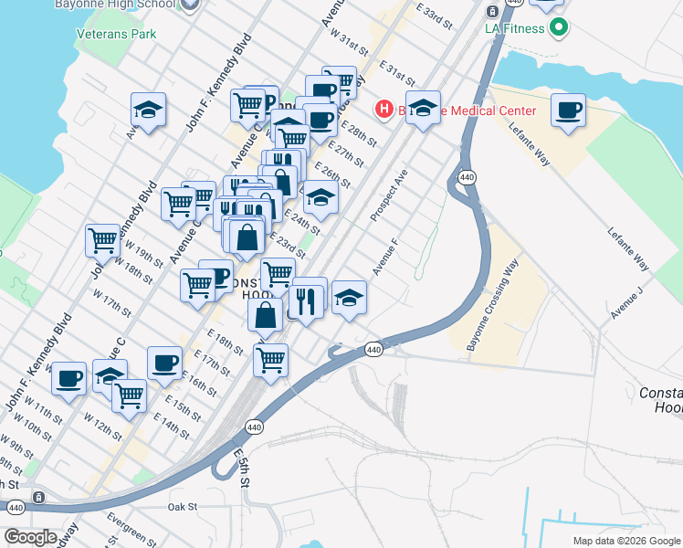 map of restaurants, bars, coffee shops, grocery stores, and more near 71 Prospect Avenue in Bayonne