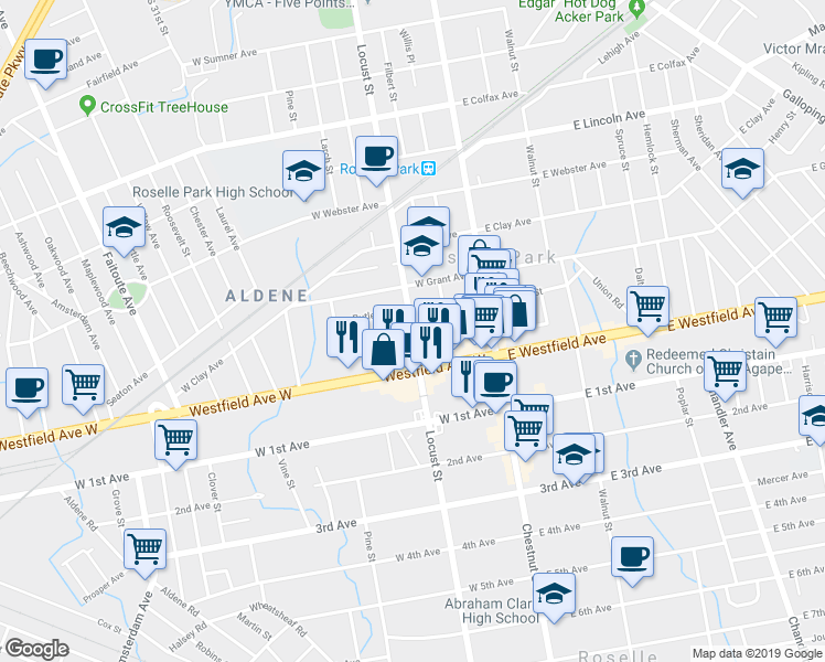 map of restaurants, bars, coffee shops, grocery stores, and more near 99 Warren Avenue in Roselle Park