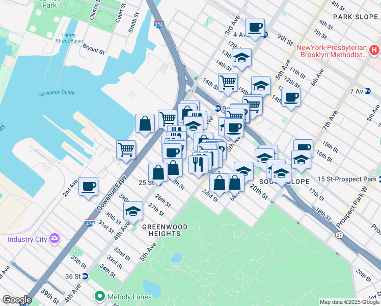 map of restaurants, bars, coffee shops, grocery stores, and more near 200 21st Street in Brooklyn