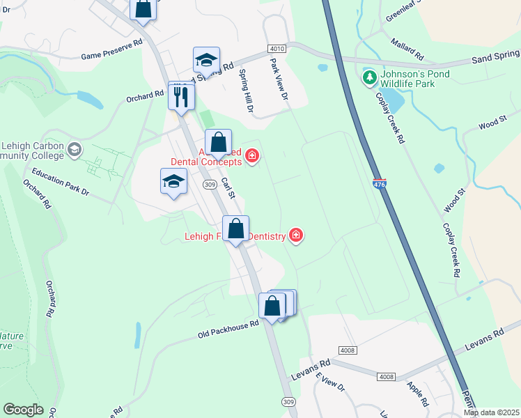 map of restaurants, bars, coffee shops, grocery stores, and more near 4250 Independence Drive in Schnecksville