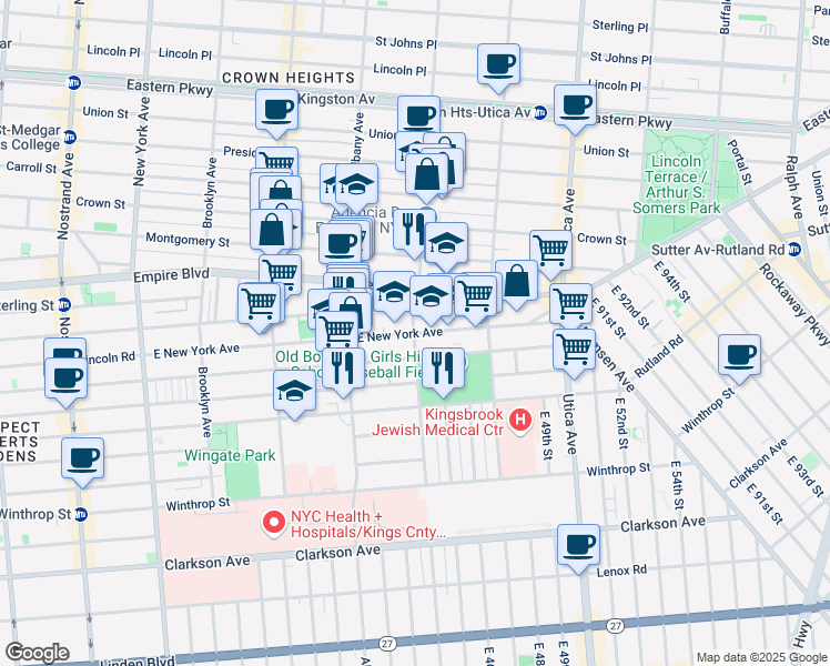map of restaurants, bars, coffee shops, grocery stores, and more near E New York Ave & Troy Ave in Brooklyn