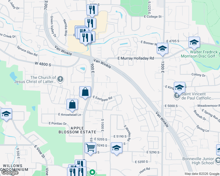 map of restaurants, bars, coffee shops, grocery stores, and more near 4937 South 1021 East in Salt Lake City