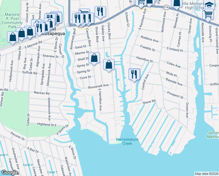 map of restaurants, bars, coffee shops, grocery stores, and more near 315 Clocks Boulevard in Massapequa