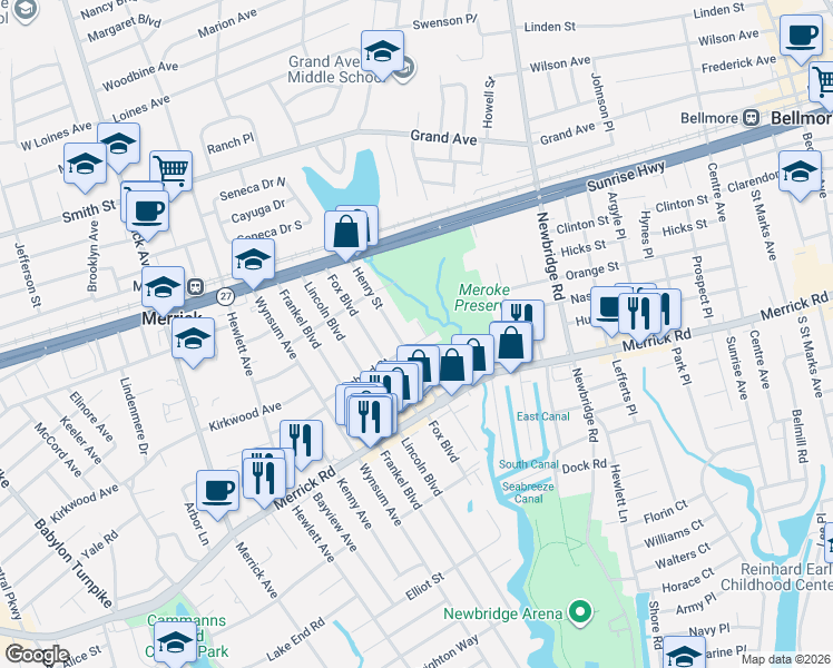 map of restaurants, bars, coffee shops, grocery stores, and more near 150 Woodpecker Lane in Merrick
