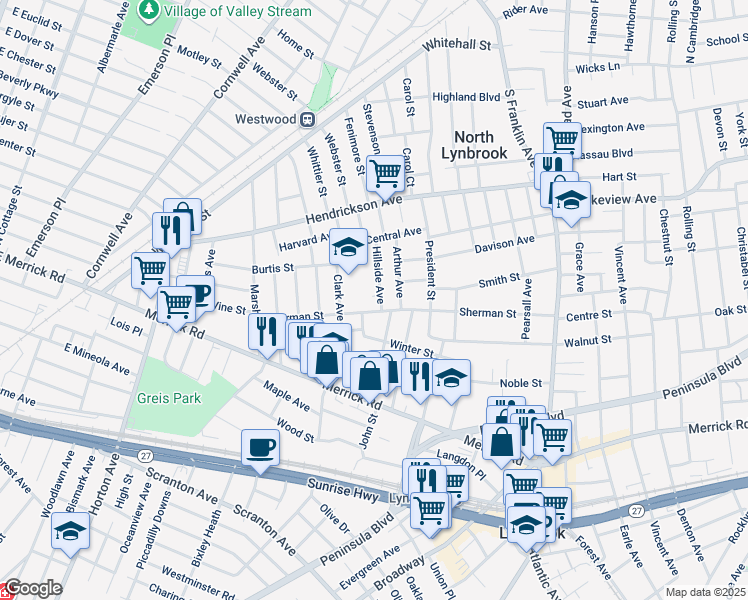 map of restaurants, bars, coffee shops, grocery stores, and more near 178 Sherman Street in Lynbrook