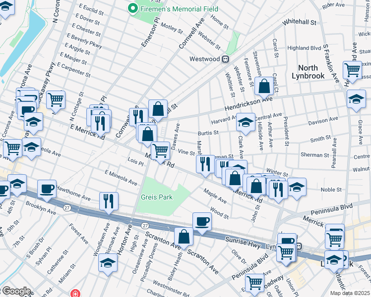 map of restaurants, bars, coffee shops, grocery stores, and more near 21 Vine Street in Lynbrook