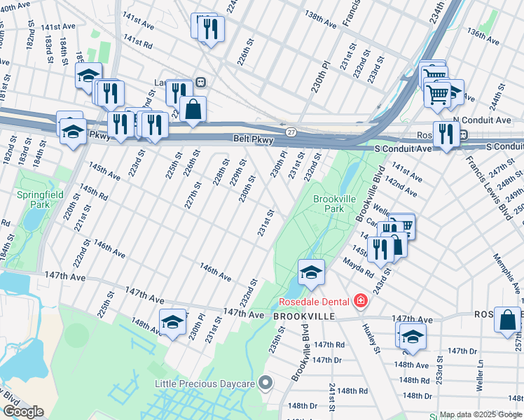 map of restaurants, bars, coffee shops, grocery stores, and more near 144-18 231st Street in Queens