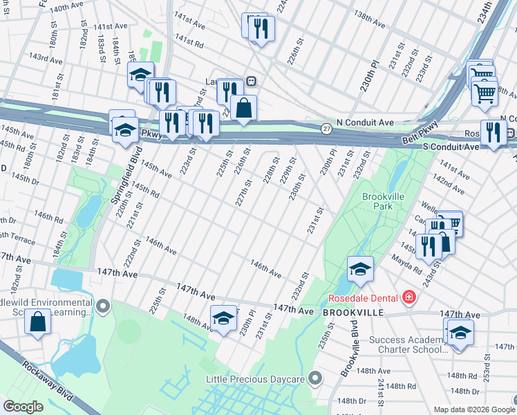 map of restaurants, bars, coffee shops, grocery stores, and more near 228-19 145th Avenue in Queens