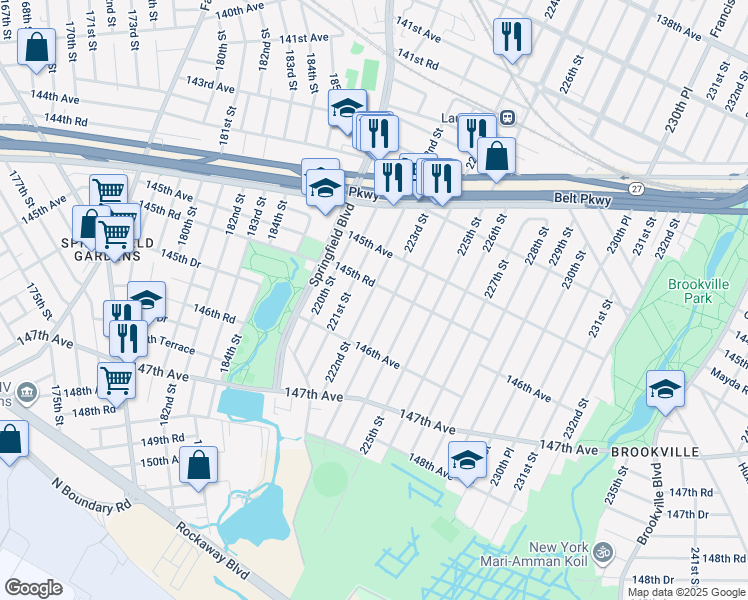 map of restaurants, bars, coffee shops, grocery stores, and more near 145-57 223rd Street in Queens
