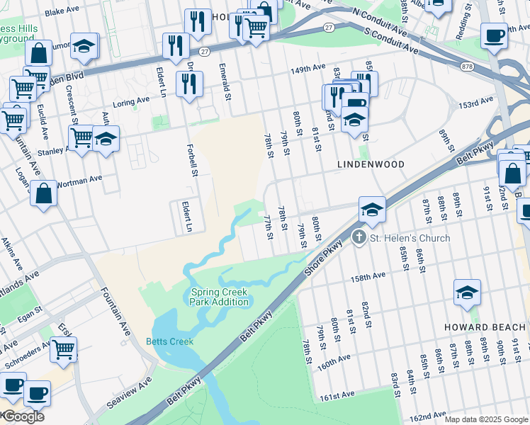 map of restaurants, bars, coffee shops, grocery stores, and more near 7602 156th Avenue in Queens