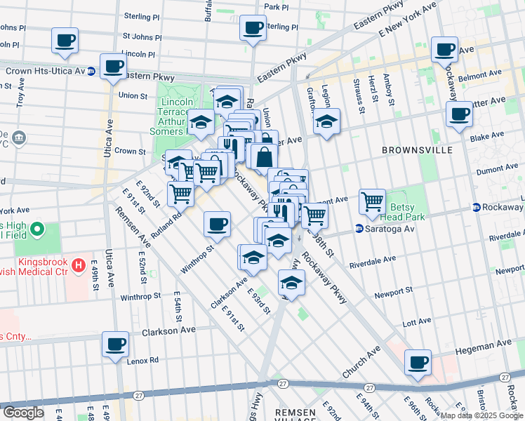 map of restaurants, bars, coffee shops, grocery stores, and more near 196 Roackaway Parkway in Brooklyn