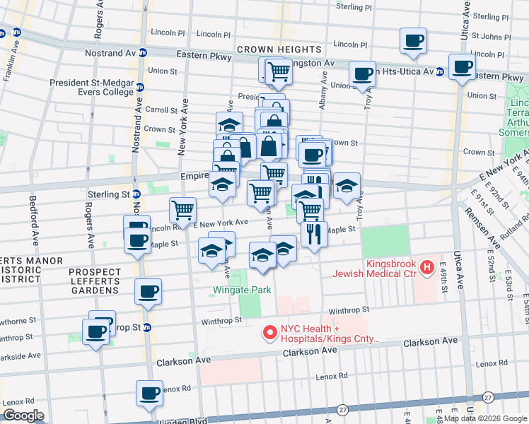 map of restaurants, bars, coffee shops, grocery stores, and more near 610 East New York Avenue in Brooklyn