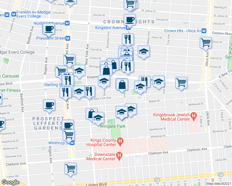 map of restaurants, bars, coffee shops, grocery stores, and more near 571 East New York Avenue in Brooklyn