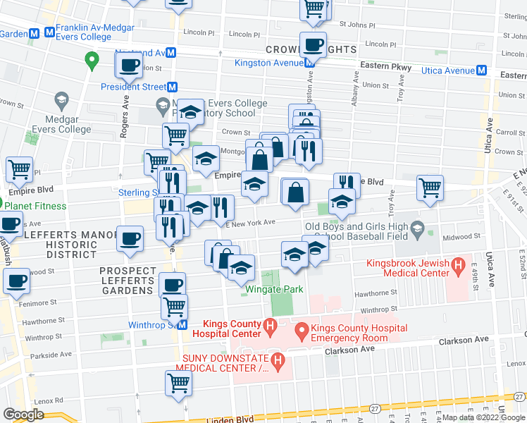map of restaurants, bars, coffee shops, grocery stores, and more near 519 Brooklyn Avenue in Brooklyn